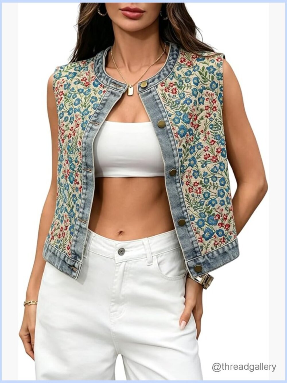 Floral Denim Vest Sleeveless Button Down Embroidered Cropped Jean Jacket